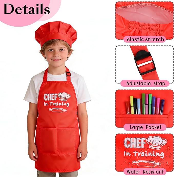 Kids Apron and Chef Hat Set Adjustable Child Aprons with 2 Large Pockets for Girls Boys Cooking Baking Painting Gift