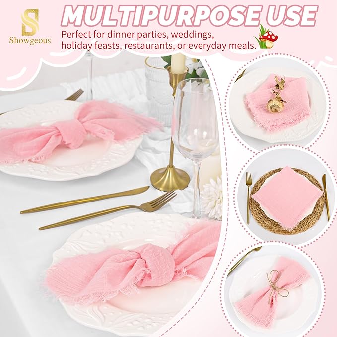 Showgeous 30 Pack Pink Cloth Napkins with Fringe 16x16 inch 100% Cotton Pink Napkins Handmade Dinner Napkins Bulk Washable Soft Rustic Table Napkins for Wedding Parties Bridal Baby Shower