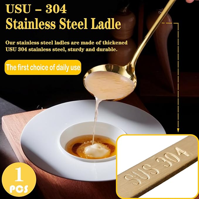 Soup Ladle Soup Spoons 304 Stainless Steel Gold Ladle, 12.2Inch Long Handle Large Serving Spoon for Cooking Buffet, Party, Kitchen, Gold