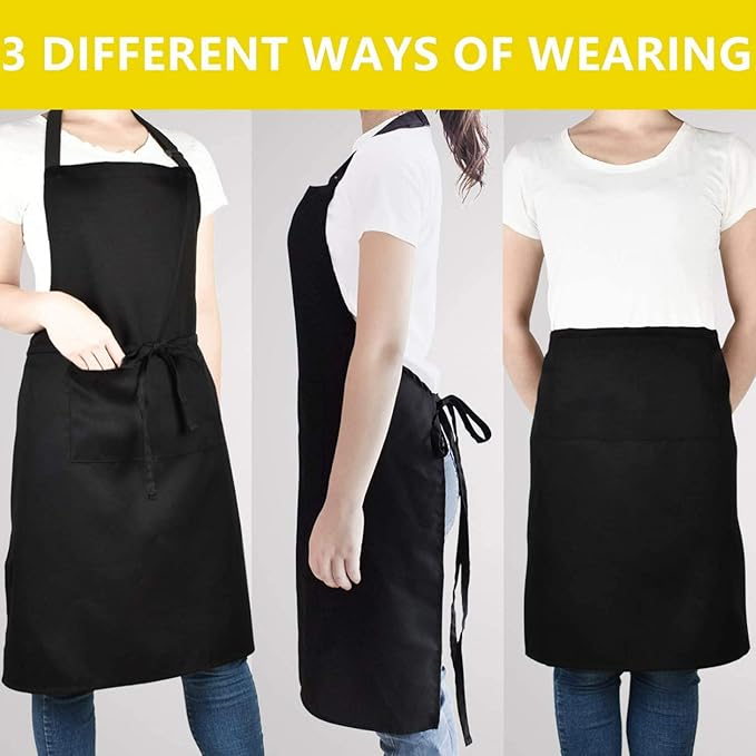 Will Well Chef Apron for Men and Women - 33" x 27" Large with 38" Waist Ties for a Comfy and Snug Fit, Durable and Lightweight, with 2 Spacious Pockets for Your Cooking Essentials - 6-Pack, Black