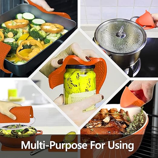Silicone Oven Mitts and Pot Holders Set, MTZRFLL Extra Long Heat Resistant Oven Gloves with Hot Pads and Mini Oven Mittens for Grilling, Kitchen Cooking Baking, Soft Quilted Lining, Pack of 6 (Orange)