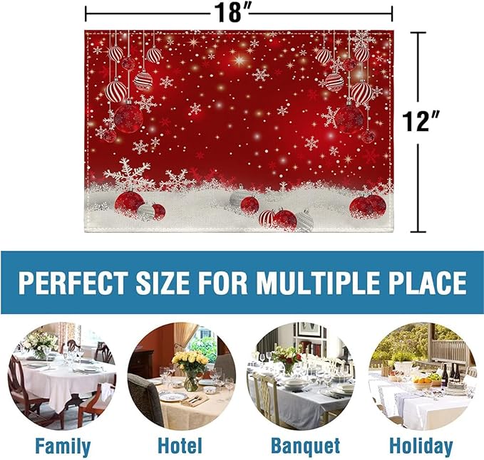 Ansouyi Placemats Set of 6, Red Snowflakes Christmas Balls Washable Heat Resistant Linen Table Mats, Kitchen Decor Non-Slip Place Mats for Party Dining, 12x18 Inch