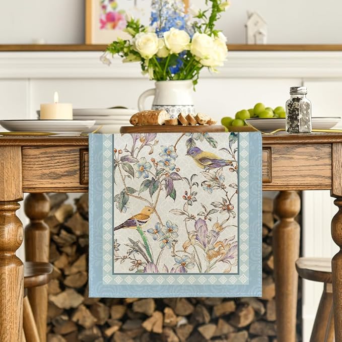 Artoid Mode Blue Birds Flowers Blossom Table Runner, Seasonal Spring Floral Kitchen Dining Table Decoration for Home Party Decor 13x108 Inch