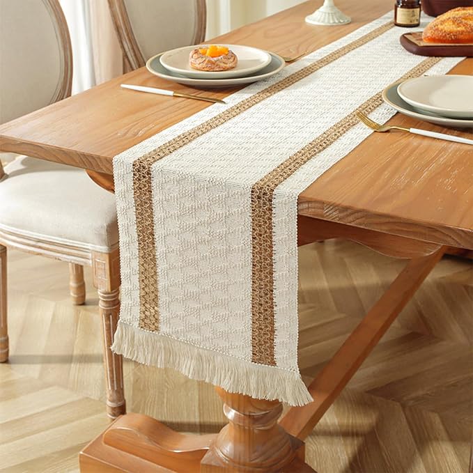 Niviy Boho Table Runner 60 Inches Long Centerpieces for Tables Decor Farmhouse Macrame Table Runner Cotton Linen Woven Table Runners for Spring Dining Table Home Decor, Beige & Brown