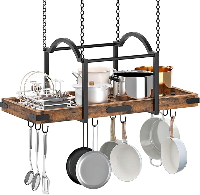 HOOBRO Hanging Pot Rack, 32-Inch Pot Hanger for Kitchen, Hanging Pan Rack with 10 Detachable S Hooks, Sturdy Metal Fram, for Pot, Pan Storage, Space-Saving, Rustic Brown and Black BF80TL01