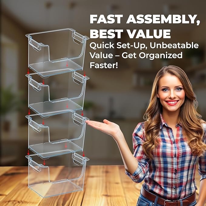 TidyFriend Stackable Storage Bins for Pantry - 4 Pack Stackable Bins for Organizing Food, Kitchen, and Bathroom Essentials (Clear)