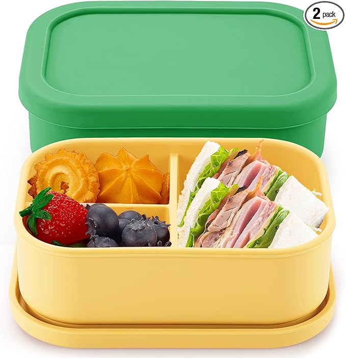 Layhit 2 Pcs Silicone Bento Box for Adults, 27 oz Bento Lunch Container Reusable 3 Compartment Lunchable Food Container for Women Men, Leak Proof Microwave Dishwasher Freezer Safe (Green, Yellow)