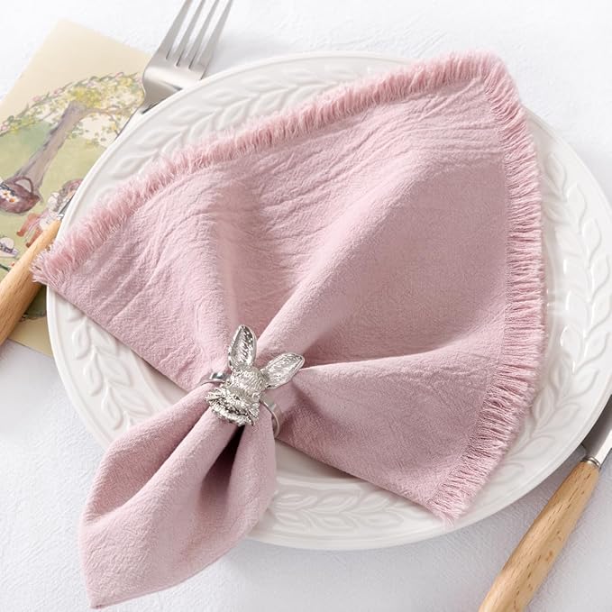 DeZerlor 6 Pack Pink Cotton Linen Napkins with Fringe Spring Cloth Napkins Set of 6 Boho Handmade Dinner Napkins Bulk for Wedding Bridal Baby Shower Parties, 17 x 17 Inches