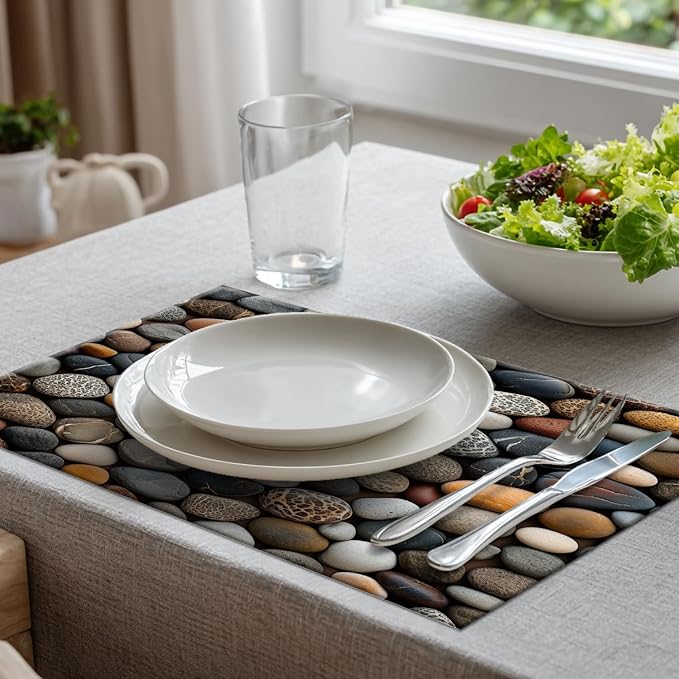 Batmerry Pebbles Various Textures Placemats, Assorted Smooth Stones Washable Linen Table Mats for Kitchen Table Double Insulation Decor Dining Set Indoor Outdoor 12X18 in Set of 6