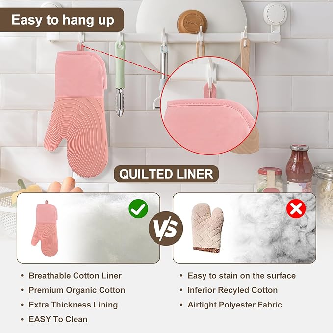 Silicone Oven Mitts-13.6 in Extended Oven Mitts Heat Resistant 500F, Oven Gloves with Soft Liner Good Grippy BPA-Free Easy to Clean Flexible-Oven Mits Set for Cooking Baking Grilling BBQ