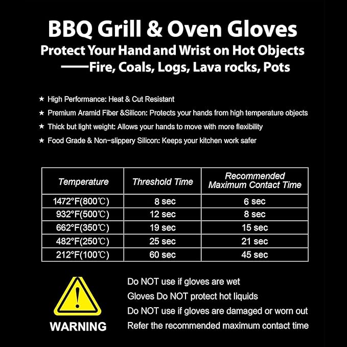 1472°F Extreme BBQ Gloves Grill Oven Safety Gloves, Cut Resistant with Non-Slip Silicone for Grilling, Frying, Baking, Fireplace, Cooking (2 Pieces Set) (Black Strips Long)