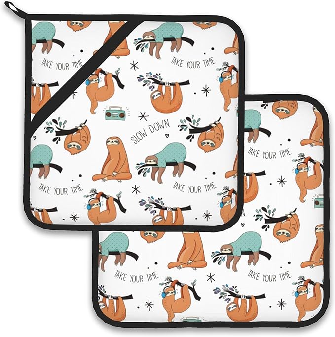 Funny Sloth Pot Holder Set of 2,Heat Resistant Potholders Oven Hot Pads for Kitchen Cooking Baking BBQ