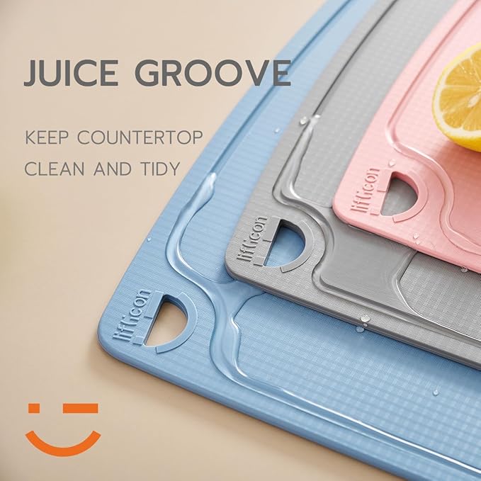 Liflicon Thick Cutting Boards for Kitchen Silicone Chopping Board Set of 2 Mid 12.6'' x 9.1”,Mini 9.1”x7.1” Non-slip Deep Drip Juice Groove Easy Grip Handle,Dishwasher Safe-Gray