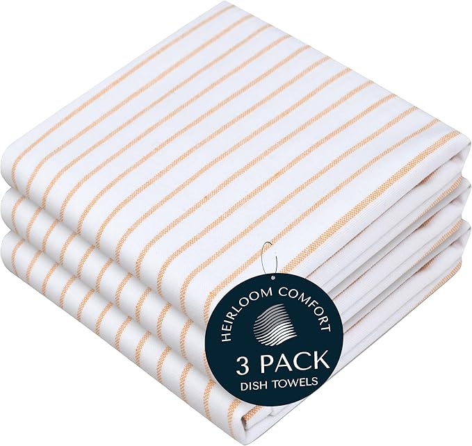 Mustard Yellow Striped Dish Towels 3 Pack, Ultra Absorbent, Classic Stripe Towel Set, Quick Dry Cotton Kitchen Towels for Cleaning Counters, Drying Dishes, Everyday Cleanup
