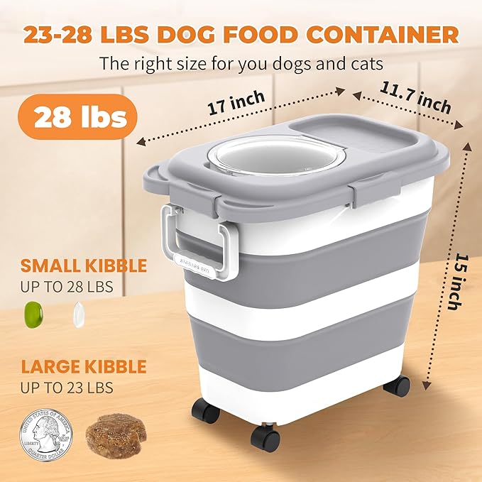 HOYTAMDAR 25-28lbs Dog Food Storage Container, Collapsible Dog Food Container, Wheels, Handle, Airtight Pet Food Storage Container, Scoop, Small Dry Container For Dog Cat Bird Food