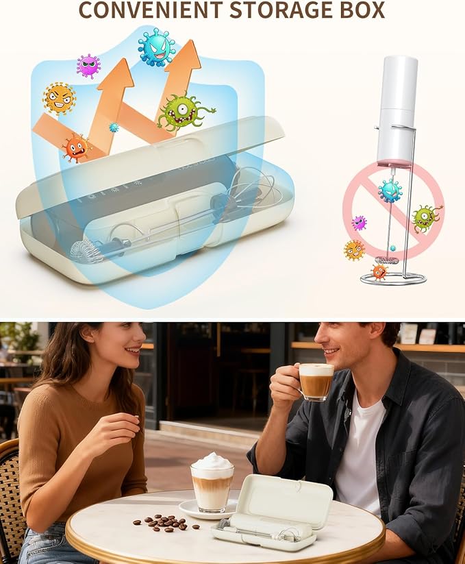 CIRCLE JOY Rechargeable Handheld Milk Frother Wand with 3 Variable Speeds, 3 Whisks and Storage Box, Electric Drink Mixer for Latte, Cappuccino, Hot Chocolate, Eggs and Protein Powder, Beige