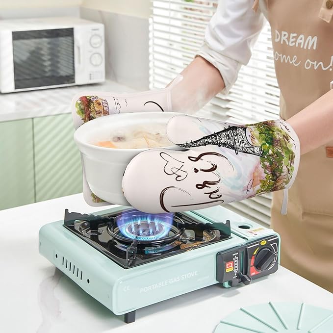 Pretty Romantic Paris Eiffel Tower Oven Mitts and Pot Holders Sets of 4, Heat Resistant Silicone Oven Mittens and Potholders Gloves Hot Pads for Kitchen Cooking Baking Grilling BBQ Chef