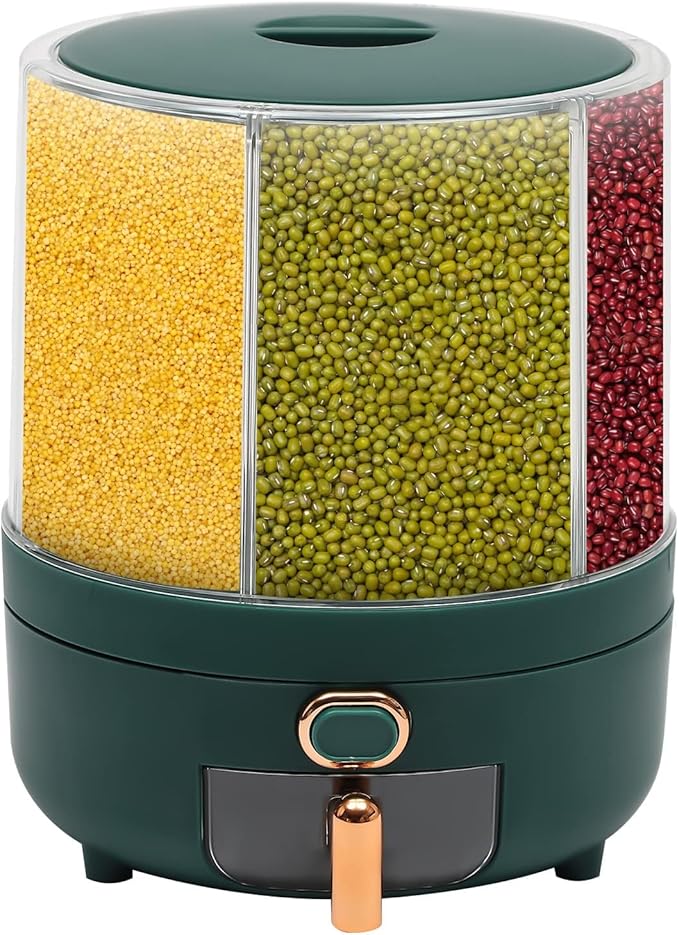 Cereal Dispenser, 6-grid 360° Rotating Grain Dispenser, 6 in 1 Sealed Clear Rice Dispenser, 6.5kg/14.33lbs Grain Storage Container, One-click Output Round Dry Foods Dispenser, 9.25*11.42in Green