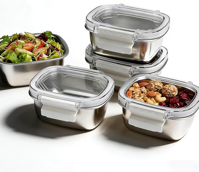 5 Pack Stainless Steel Reusable Snack Containers with Lids - 8.45 oz Small Metal Snack & Lunch Food Boxes, Shatterproof Leakproof Freezer Safe Meal Prep Containers for Portioning Snacks, Dips