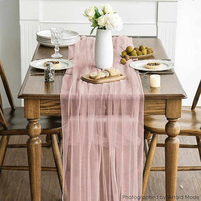 Artoid Mode Dusty Rose Gauze Table Runner 120 Inch 10FT, Seasonal Sheer Kitchen Dining Holiday Wedding Birthday Baby Shower Table Decor for Home Party