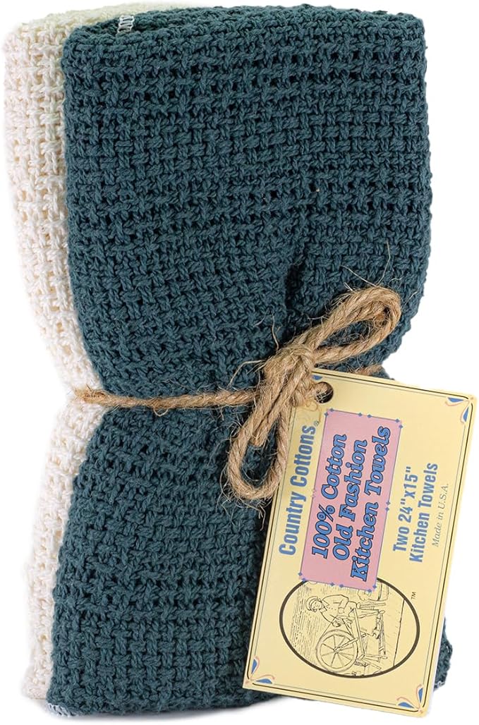 Old Fashion 100% Cotton Kitchen Towels - Set of 2-24"x15" (Teal/Natural)