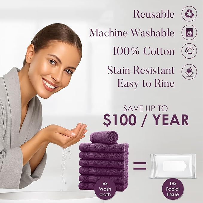DAN RIVER 12-Pack Premium 100% Cotton Purple Passion Face Towels for Bathroom - Reusable Face Wash Cloths for Showering 12 X 12 Inches - 550 GSM Super Soft & Absorbent Luxury WashCloths for Body & Spa