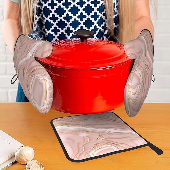 Pink Golden Marble Oven Mitts and Pot Holders Sets of 3 Heat Resistant Hot Pads Rose Pink Modern Oven Gloves for Kitchen Cooking BBQ Baking