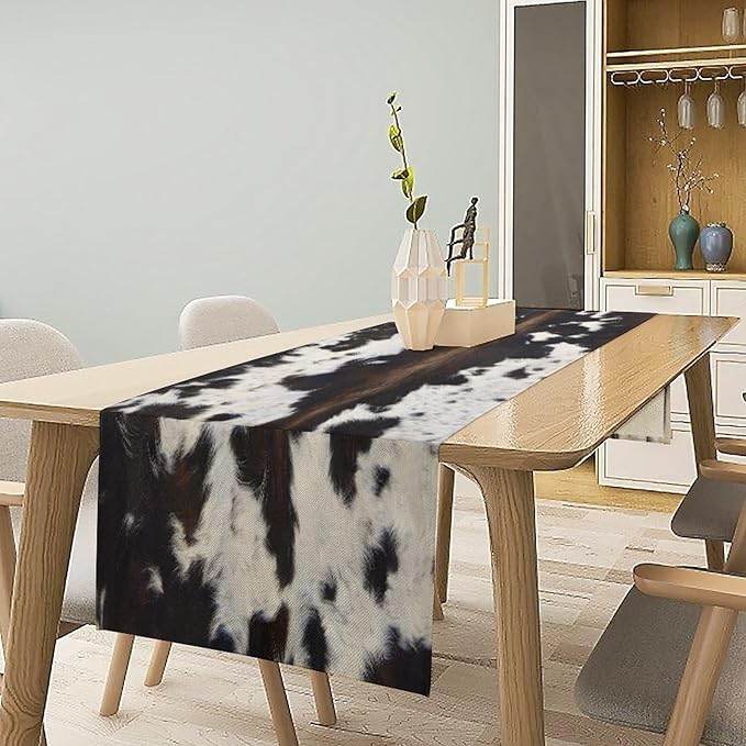Cow Skin Print Table Runner, Rustic Cottage Country Farmhouse Animal Fur Skin Western Style Black Cowhide Print Dinner Runner for Home Kitchen Dining Table Decoration 13"x90"
