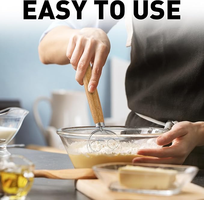 Zulay Kitchen Double-Eye 13" Danish Dough Whisk - Durable Easy Mixing Bread Whisk, Stainless Steel Danish Dough Hook, Sourdough Whisk For Mixing, Traditional Dutch Whisk, Dough Mixer Tool - Acacia