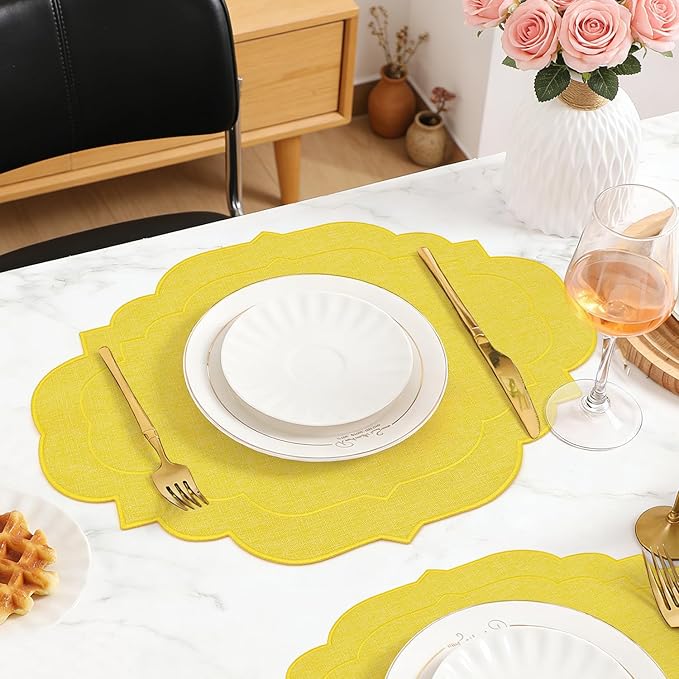 Cotton Linen Oval Placemats Set of 4, HADEEONG Table Mats Cloth Placemats, Washable Wrinkle Resistance, Scalloped & Embroidered Fabric Placemats, 17.71 x 13.77inch (Yellow, 4)