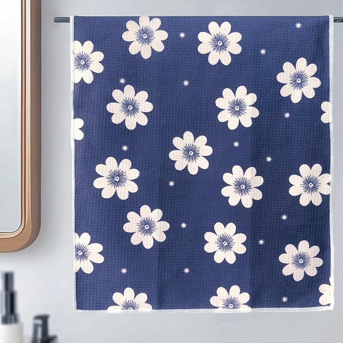 18” x 30” Highly Absorbent Kitchen Towels, Quick Dry Microfiber Tea Towel, Dish Towels for Kitchen Drying, Ultra Soft Premium Hand Towels (Dark Blue Flowers)