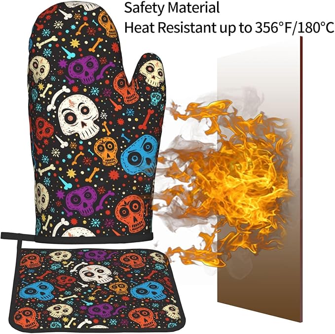 Skull and Floral Oven Mitts and Pot Holders Heat Resistant Oven Mitts Safe for Baking Cooking BBQ