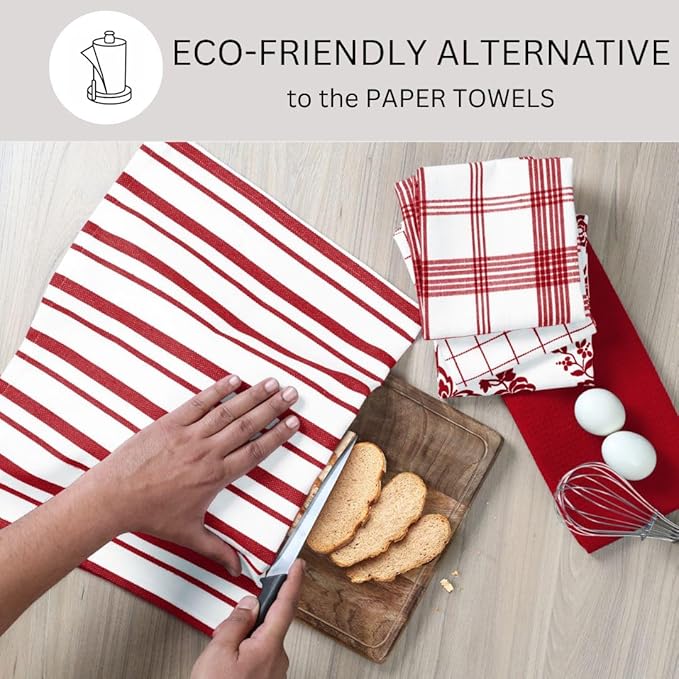 Assorted Kitchen Towels 100% Cotton 16x26 Inch - Super Absorbent, Soft & Quick Drying, Multi-Purpose for Drying & Cleaning, Ideal for Kitchen & Home Use, Set of 5 Low-Lint Dish Towels Red