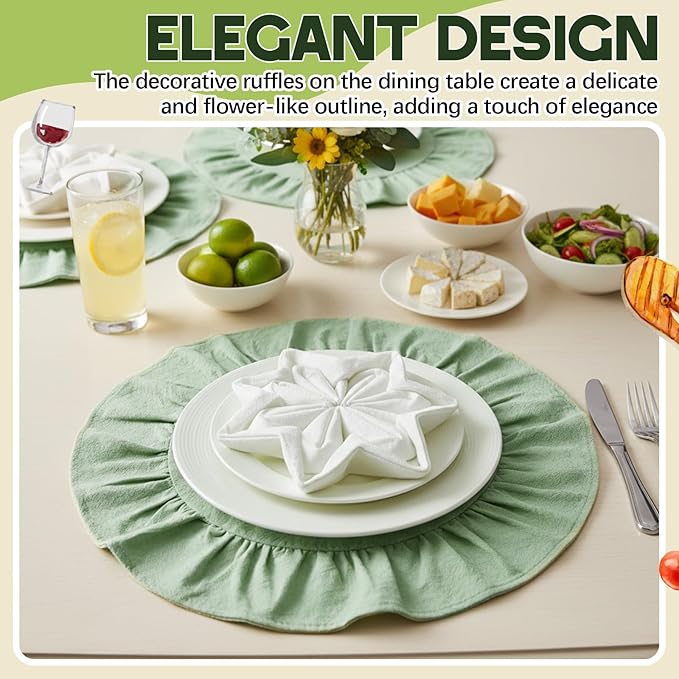 4 Pcs 15 Inch 100% Cotton Scalloped Round Placemats, Thin Light Green Place Mats with Ruffle, Washable Placemats Table Mats for Kitchen Dining Holiday Gatherings Decor