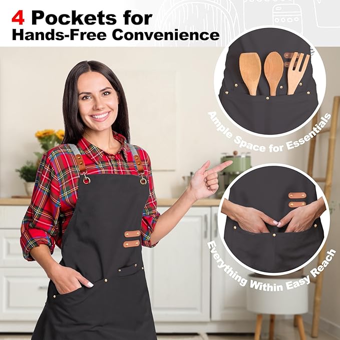 BeLuyi chef apron bib tool apron for man woman cross back straps with 4 pockets for kitchen cooking gardening baking working