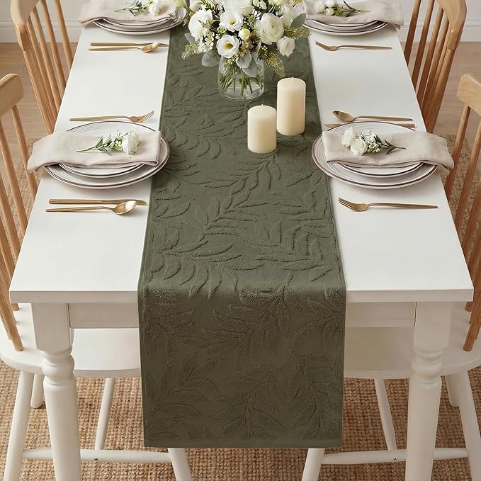 Artoid Mode Olive Green Soft Cotton Jacquard Leaves Spring Table Runner, Holiday Kitchen Dining Table Decoration for Home Party Decor 13x72 Inch