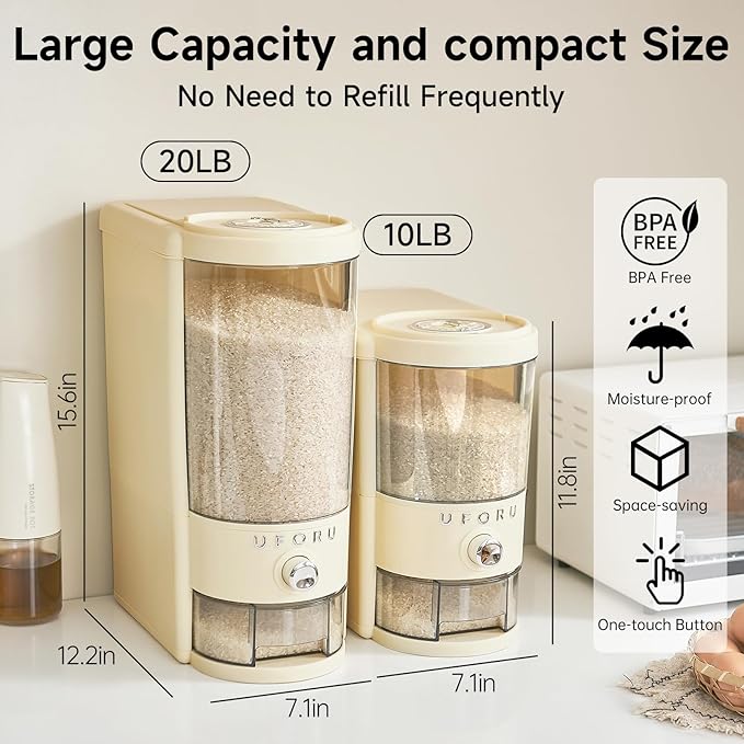 Rice Dispenser 20 lbs | Large Rice Storage Container for Kitchen&Pantry - Space-saving, Moisture & Pest-proof, BPA-Free - Dry Food Dispenser with One-Touch Dispenser & Measuring Cup for Families
