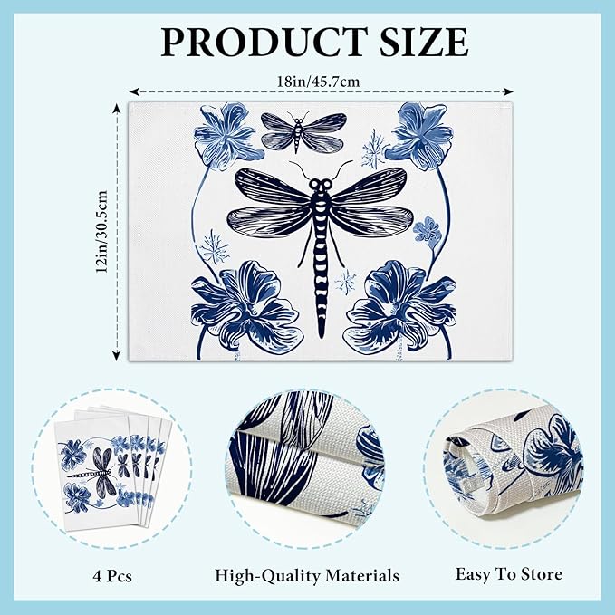 Cotton Linen Waterproof Placemats Set of 4, Dragonfly Blue Dining Mat Table Mats Decor Fabric for Kitchen Dinner Coffee Shop Table, Indoor/Outdoor Washable Wipeable Placemat -N037