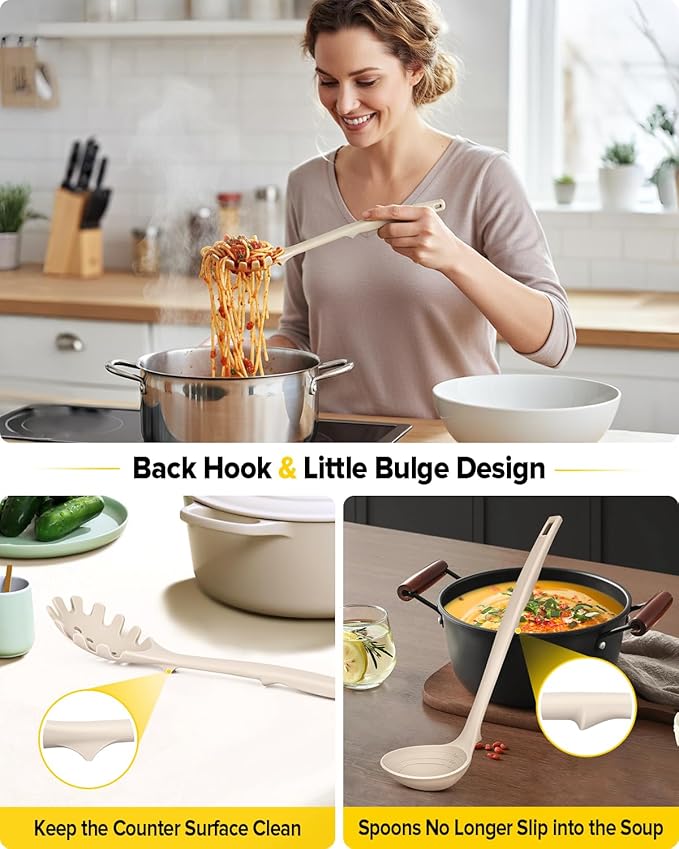Silicone Pasta Fork and Soup Ladle Set, Heat Resistant Non Stick Kitchen Utensils with Back Hooks, Suitable for Cooking, Stirring, Serving Spaghetti, Soup, Sauce(KHAKI)