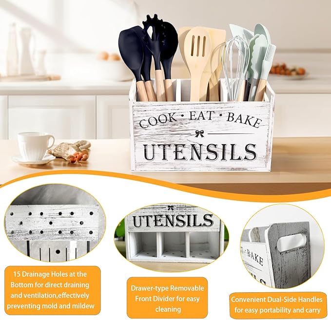 Utensil Holder,Wooden Utensil Holder for Kitchen Counter, Cooking Utensil Organizer with 3 Compartments,Utensil Crock for Silverware Spoon Spatula