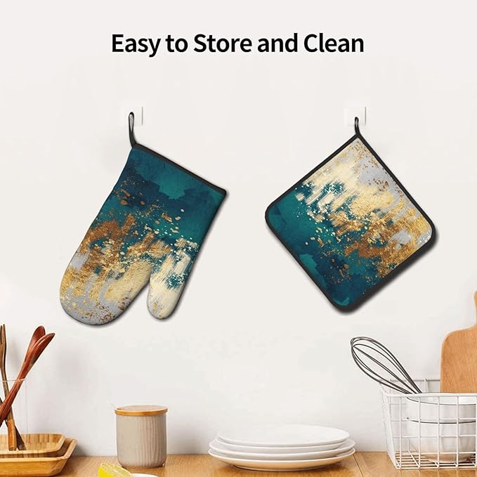 Green Gold Abstract Art Oven Mitts & Pot Holders Sets of 3, Heat Resistant Modern Teal Gold Oven Gloves and Hot Pads for Kitchen Cooking Baking Grilling, Gifts for Women, Holiday Kitchen Home Decor