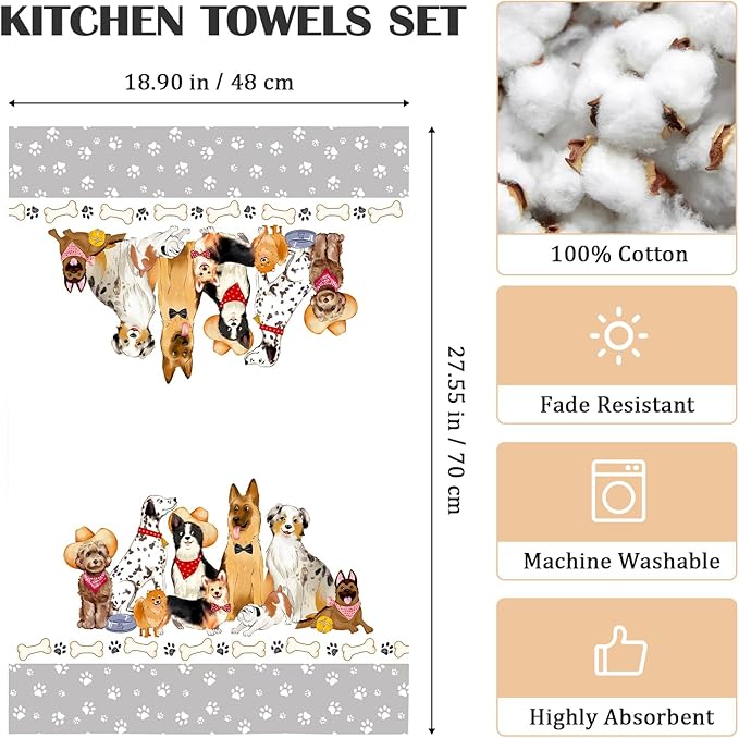 Cute Dogs Tea Towels, Cotton Kitchen Towel 18.9 × 27.5 Inch, Quick Drying Dish Cloth for Party Anniversary Holiday Decoration, Gift for Dog Lovers