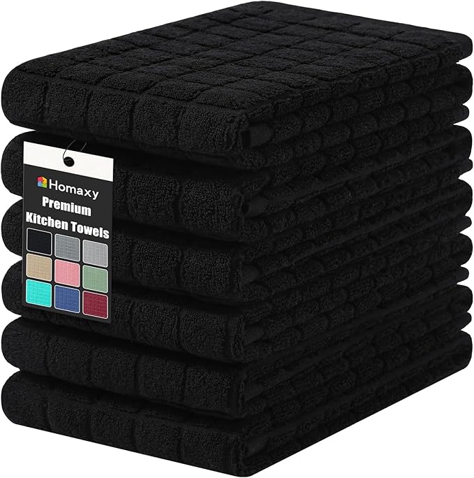 Homaxy Premium Cotton Kitchen Towels 16"x 28", Large Natural Ring Spun 390 GSM Dish Towels, Super Absorbent Terry Kitchen Hand Towels, Soft Tea Towels with Hanging Loop, Pure Black Design, 6 Pack