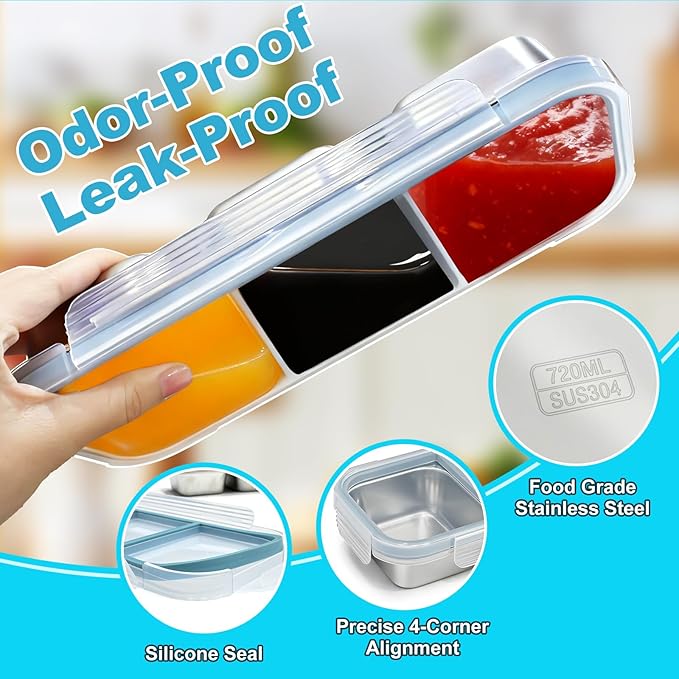 2Pack Stainless Steel Snack Containers, 3 Compartment Snackle Box Leakproof, Metal Bento Box with Airtight Lids, Reusable Food Storage Container for Lunch Travel Picnics Office