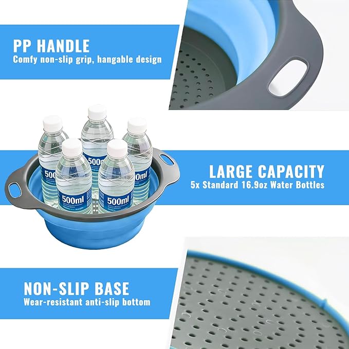 Collapsible Colander Set of 2, Folding Kitchen Strainers with Handles, Space-Saving Over-the-Sink Drainers for Pasta, Veggies & Fruit, BPA-Free, Dishwasher Safe, RV & Camping (Blue)