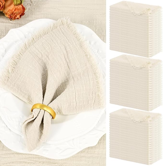 Showgeous 60 Pack Natural Cloth Napkins with Fringe 16x16 inch 100% Cotton Napkins Handmade Dinner Napkins Bulk Washable Soft Rustic Table Napkins for Wedding Parties Bridal Baby Shower