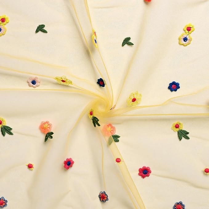 Artoid Mode Yellow Wildflower Floral Gauze Embroidery Table Runner 120 Inch 10FT, Tulle Seasonal Spring Kitchen Dining Table Decor for Home Party