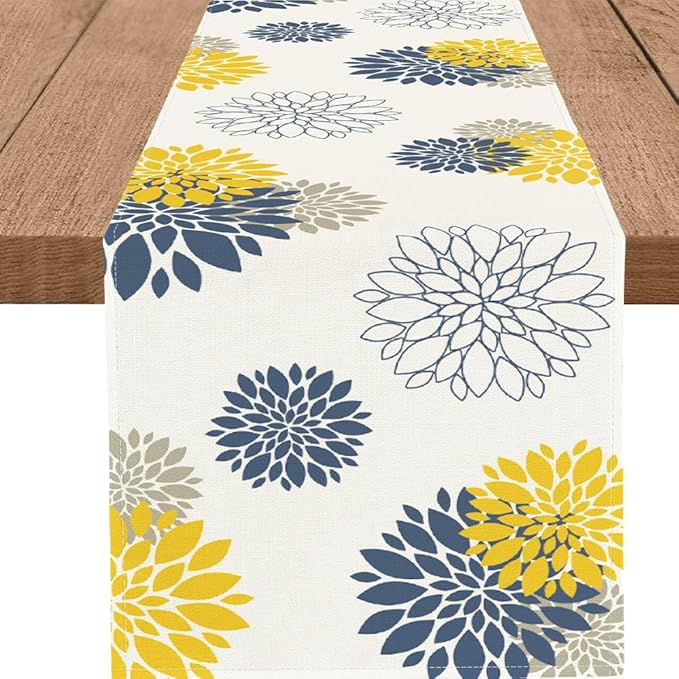 Blue Yellow Gray Table Runner Dahlia Pinnata Flower Beige Table Runners Modern Elegant Pompon Farmhouse Geometric Coffee Table Center Decor for Home Kitchen Dining Party 13 x 108 Inch