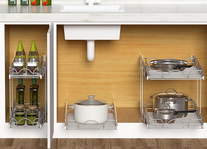 OCG Pull Out Cabinet Organizer (20.75" W x 17" D), Pull Out Shelves 1 Tier, Cabinet Slide Out Shelves for Base Cabinet Organization in Kitchen Bathroom Pantry, Bottom Mount, Chrome Finish