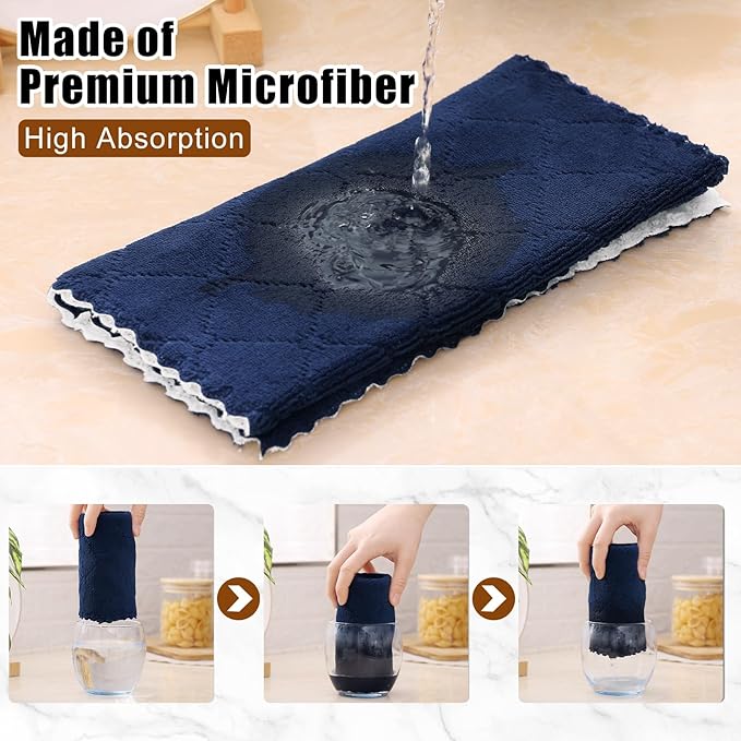 Mordimy 24 Pack Kitchen Towels (20" x 10", Navy Blue & White), Super Soft and Absorbent Dish Towels, Coral Velvet Microfiber Cleaning Cloth, Nonstick Oil Fast Dry Dish Cloths